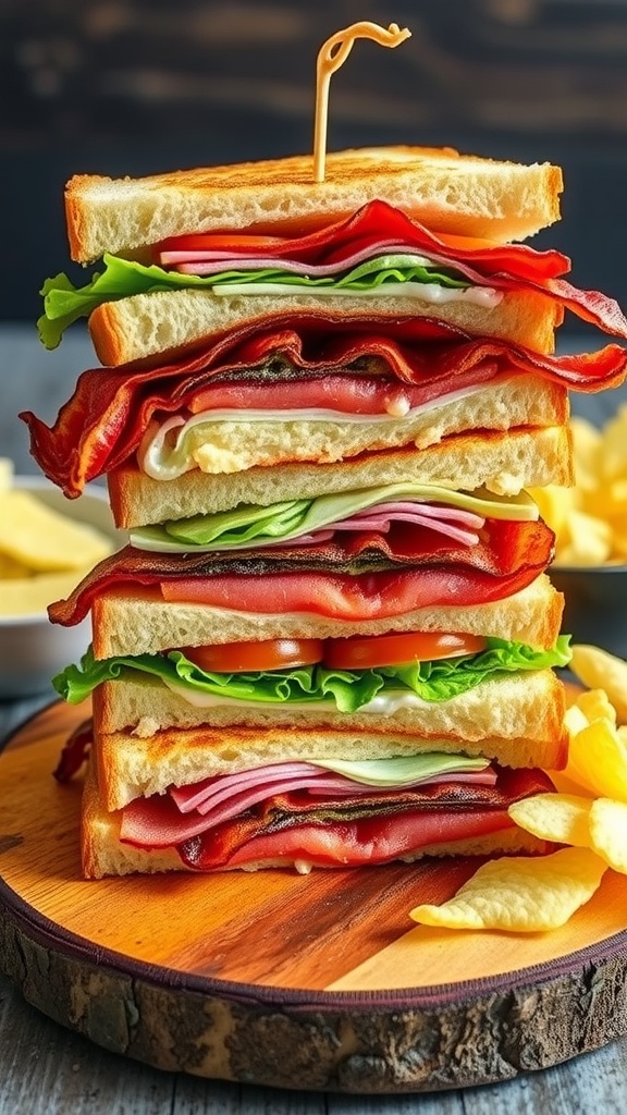 A delicious club sandwich with bacon, lettuce, and tomato on a wooden board with chips.